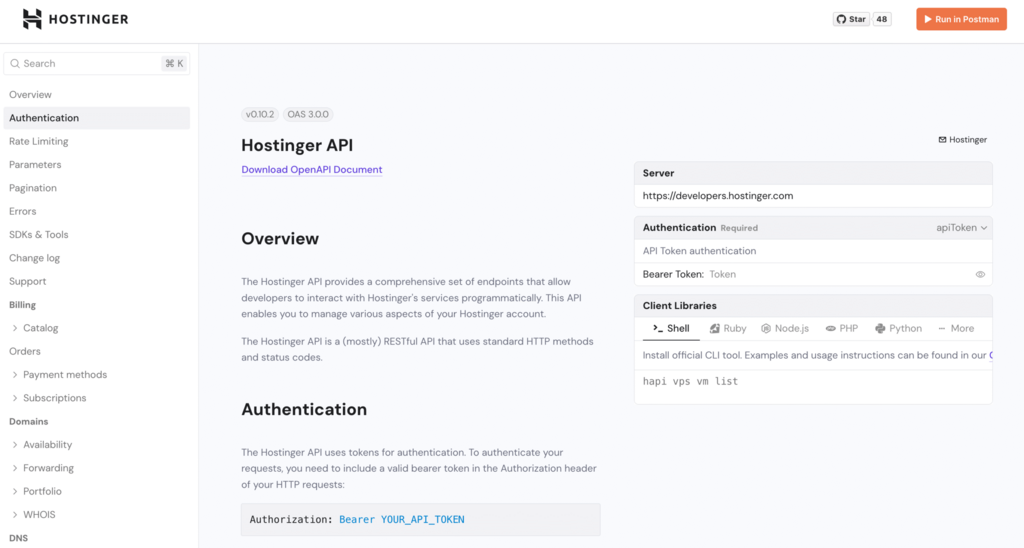 P&aacute;gina de la API de Hostinger