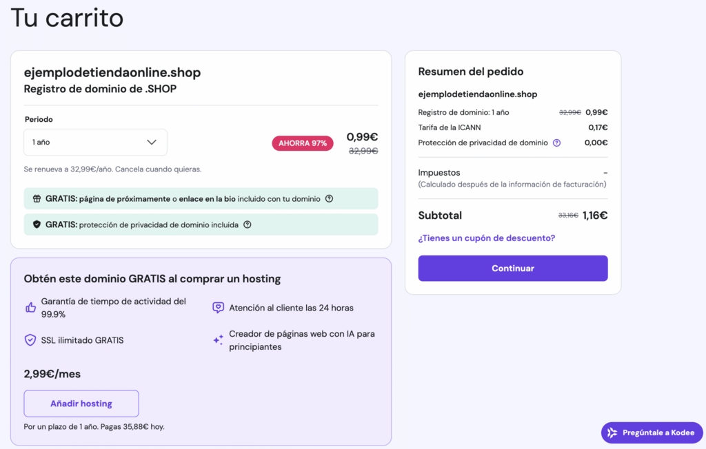 Página del carrito de Hostinger