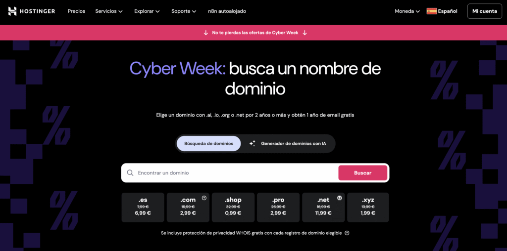 Hostinger búsqueda de nombre de dominio, mostrando alternativas para un dominio tomado