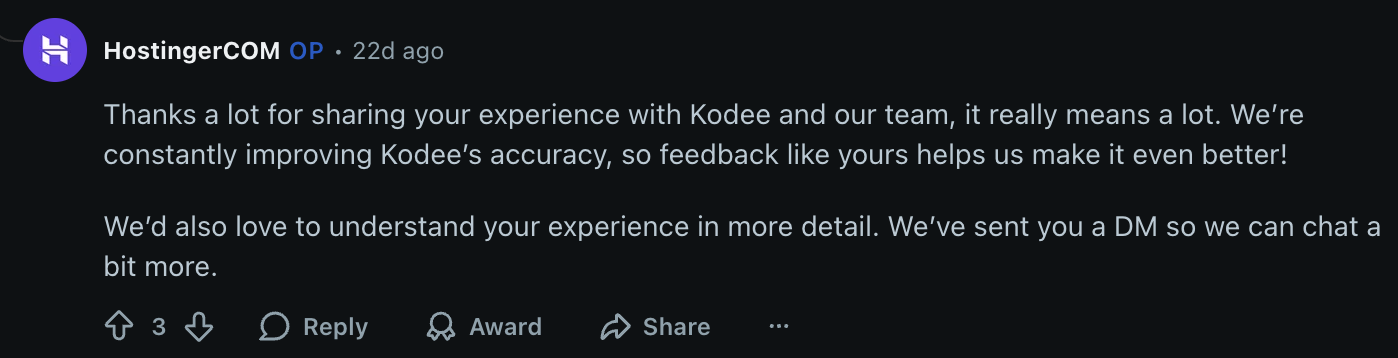 Ejemplo de respuesta de Hostinger en Reddit