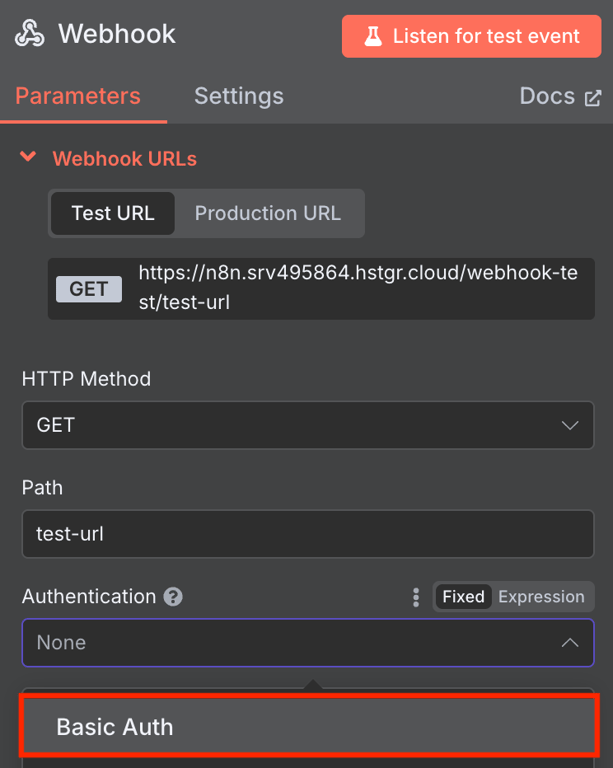 Ajustes de nodo webhook