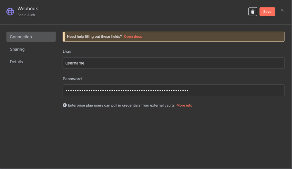Ajustes de credenciales de webhook