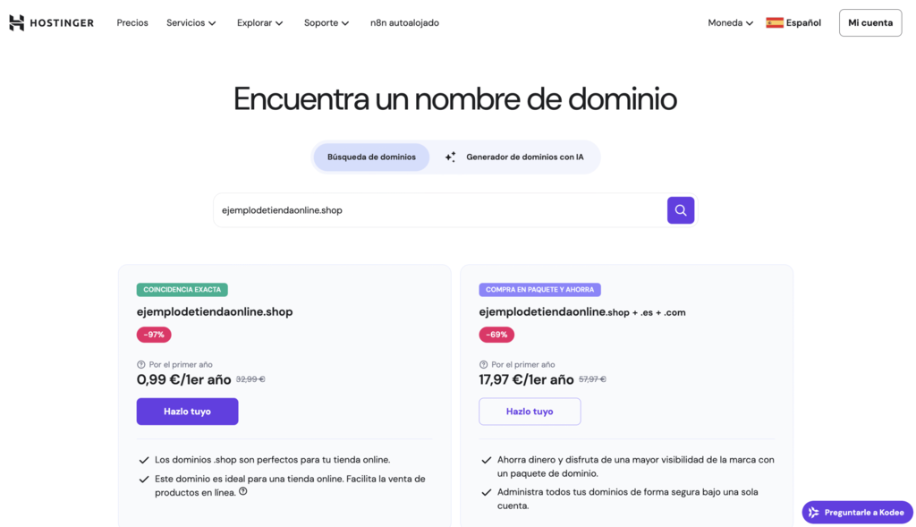 Generador de dominios Hostinger mostrando un resultado de búsqueda