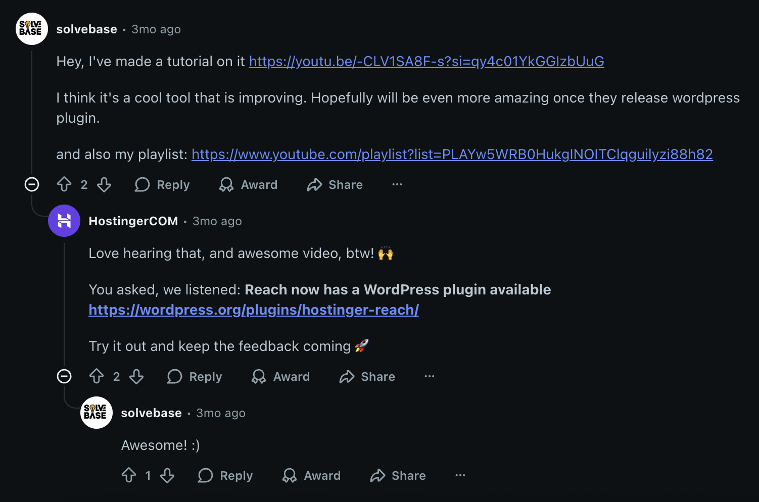 Ejemplo de respuesta de Hostinger en Reddit