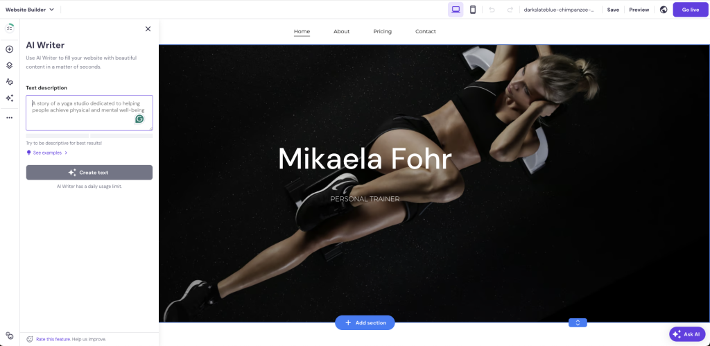AI Writer abierto en el editor de Hostinger Website Builder