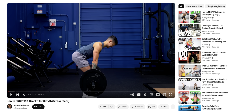 Captura de pantalla de un v&iacute;deo sobre c&oacute;mo realizar un deadlift de Jeremy Ethier en YouTube