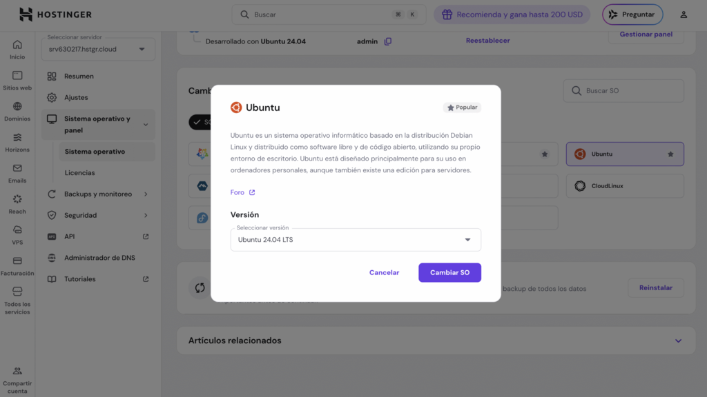 Imagen que muestra hpanel con el asistente de configuraci&oacute;n de Ubuntu abierto.