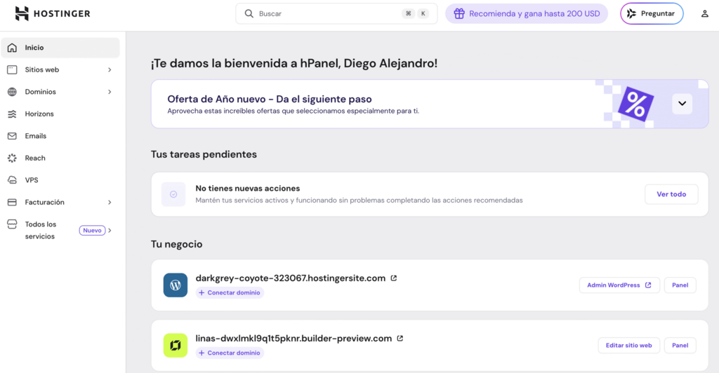 La interfaz de hPanel, un panel de control personalizado de Hostinger.
