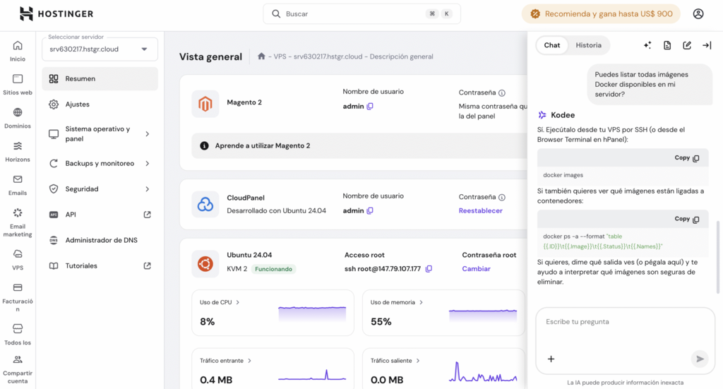 Kodee responde a una pregunta sobre el listado de imágenes Docker en el VPS