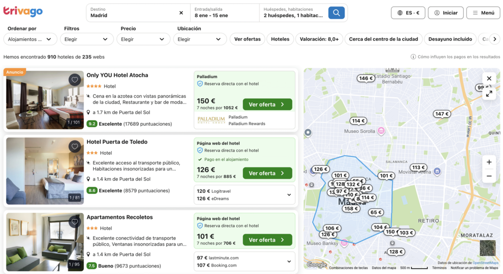 Búsqueda de hoteles de Trivago que muestra resultados a través de asociaciones de afiliados con plataformas de reserva