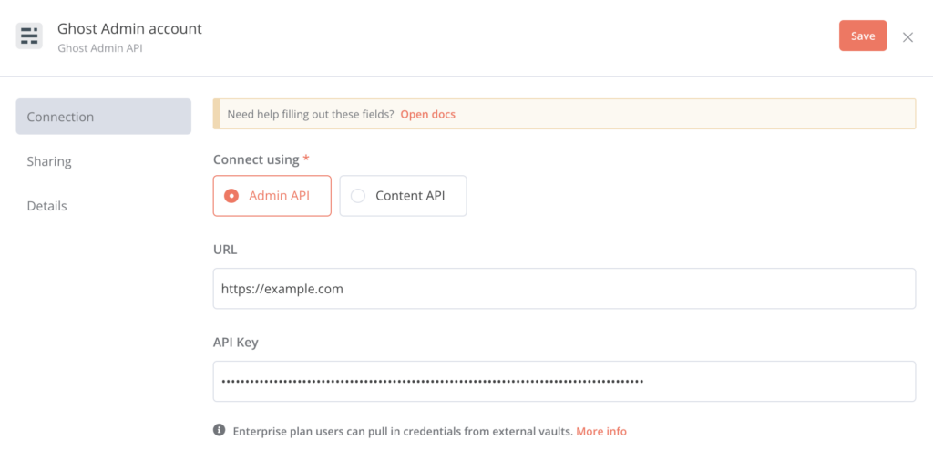 La secci&oacute;n Admin API en el cuadro de di&aacute;logo Ghost Admin API de n8n