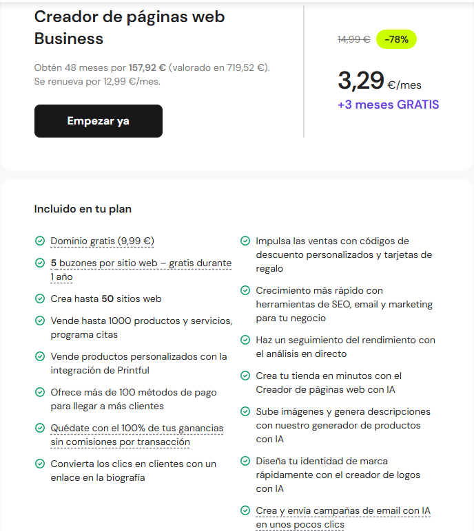 Un ejemplo de precios de SaaS del creador de sitios web de comercio electr&oacute;nico de Hostinger que muestra la tarifa de suscripci&oacute;n, la duraci&oacute;n del contrato y la funci&oacute;n. 