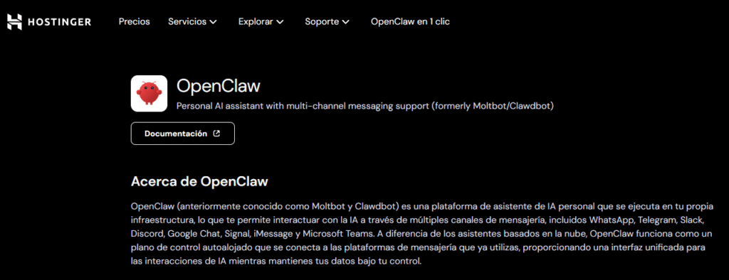 Interfaz de VPS de Hostinger OpenClaw que muestra la integraci&oacute;n de Nexos AI Credits para usar los tokens de IA incluidos en el plan