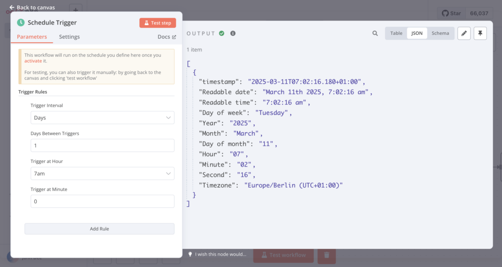 El cuadro de di&aacute;logo de configuraci&oacute;n y el panel de salida del nodo Schedule Trigger en n8n