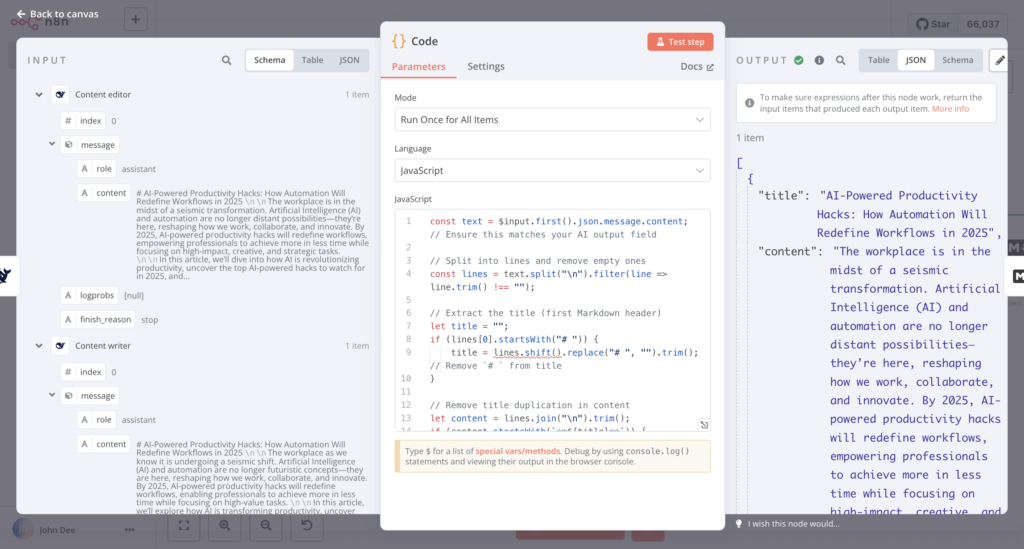 La entrada, el cuadro de di&aacute;logo de configuraci&oacute;n y el panel de salida del nodo Code en n8n