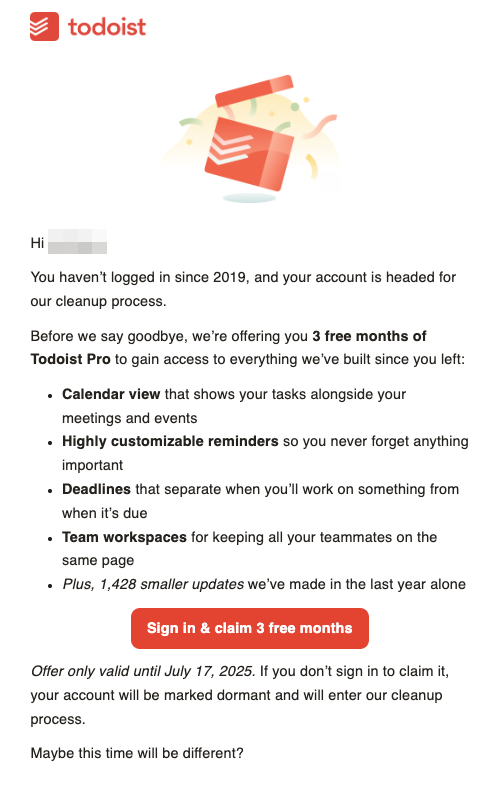 ¿Puedes compartir el texto del email de reenganche de Todoist que quieres traducir? Así lo traducimos al español neutro con el tono y las pautas que prefieres.