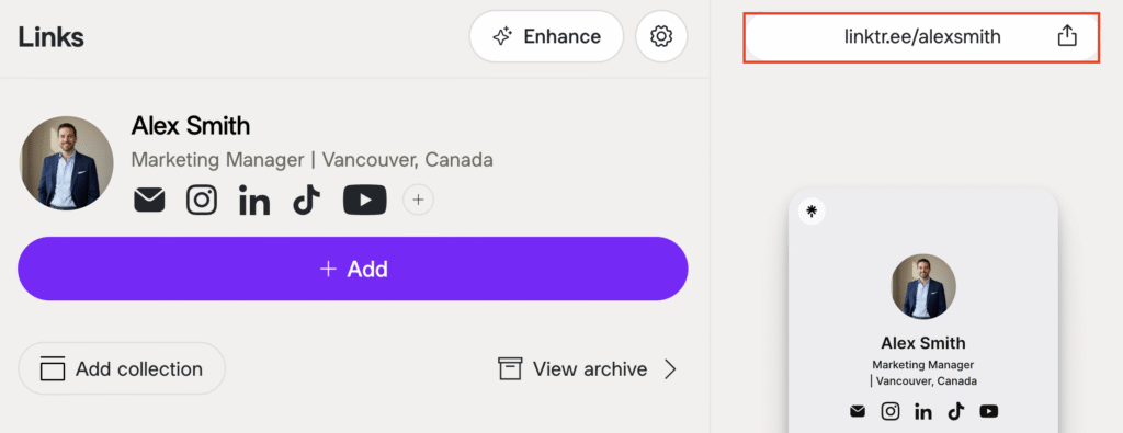 URL del perfil de Linktree destacada en el panel de administraci&oacute;n