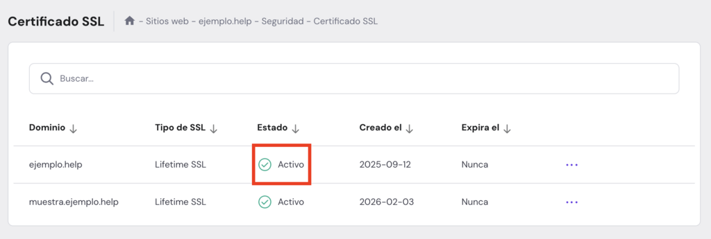 Certificado SSL activo en hPanel