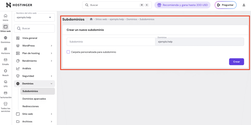 Crear la secci&oacute;n de subdominios en hPanel