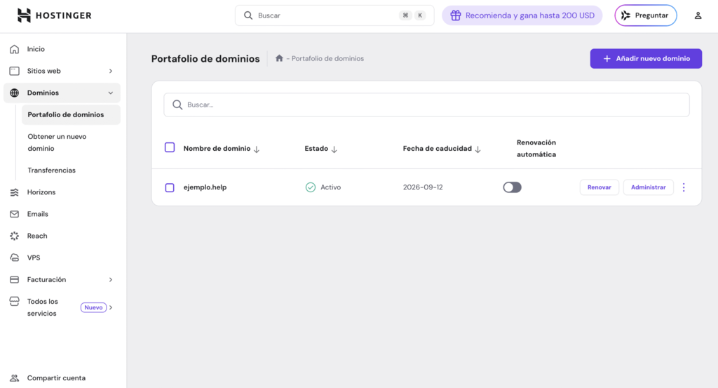 La secci&oacute;n de dominios en hPanel