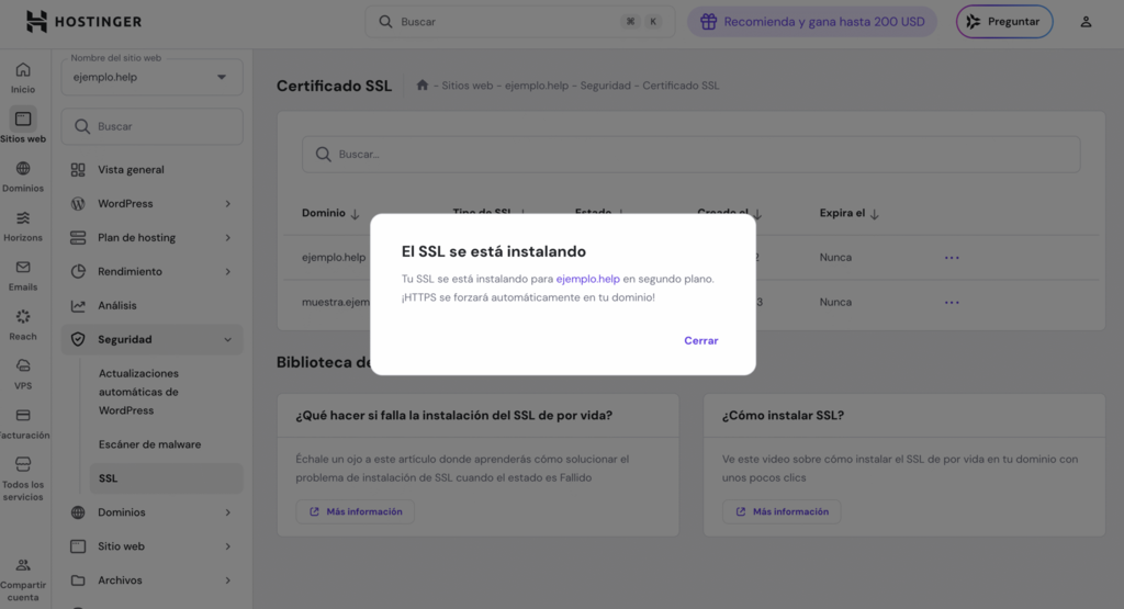 Aviso de instalaci&oacute;n de SSL en hPanel