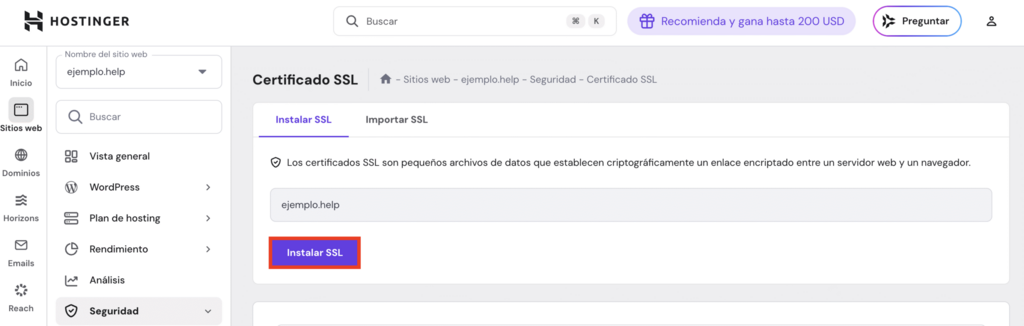 Secci&oacute;n de certificado SSL de hPanel