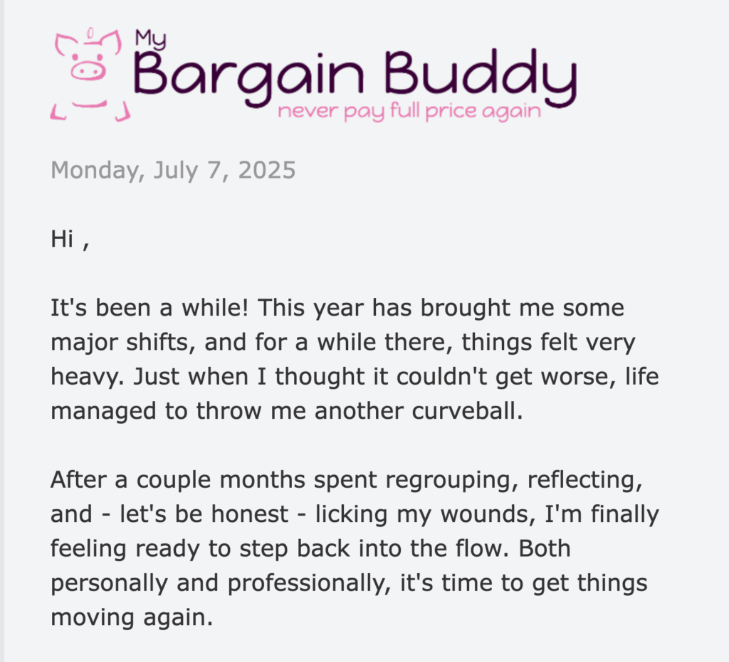 Mi campa&ntilde;a de email marketing de My Bargain Buddy que muestra la carta de presentaci&oacute;n