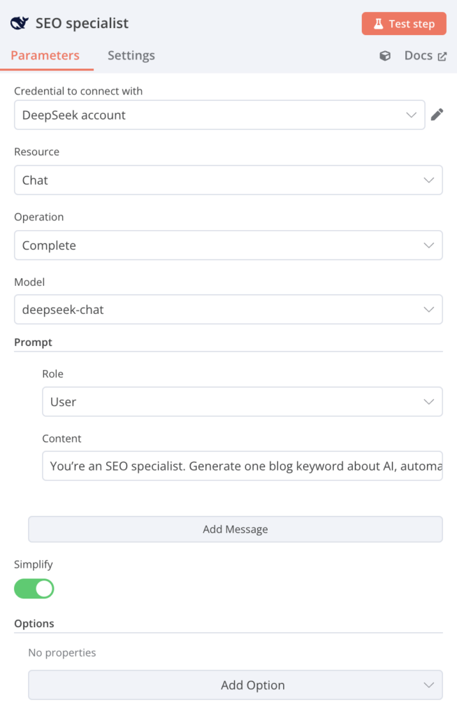 El cuadro de di&aacute;logo de configuraci&oacute;n del especialista en SEO de DeepSeek en n8n