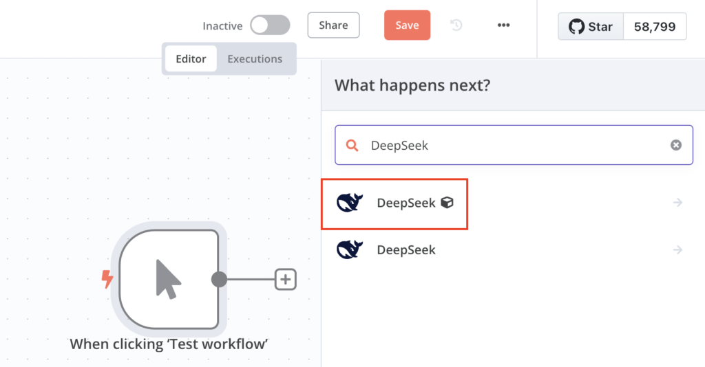 El nodo DeepSeek en el lienzo del editor de flujos de trabajo de n8n
