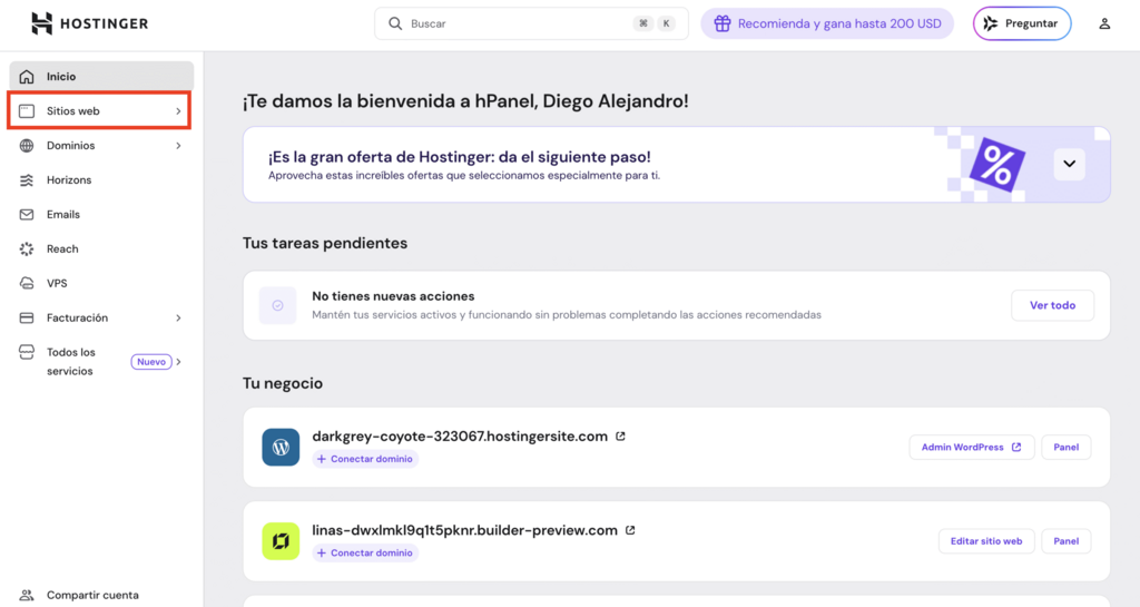 Secci&oacute;n Inicio de la cuenta de Hostinger