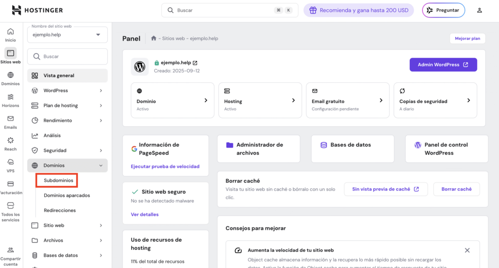 Secci&oacute;n de administraci&oacute;n de sitios web de hPanel de Hostinger
