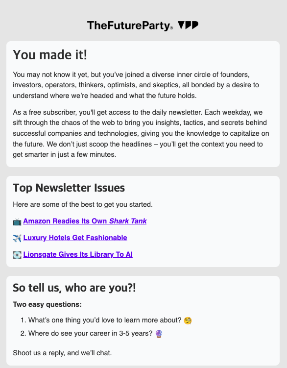 Correo de bienvenida de TheFutureParty