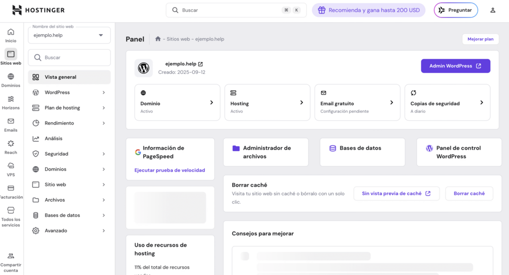 Vista general de hPanel