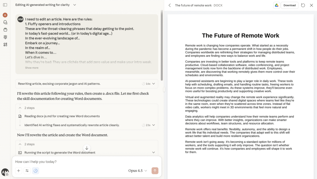 Chat que muestra las reglas manuales usadas para reescribir y exportar un art&iacute;culo a DOCX