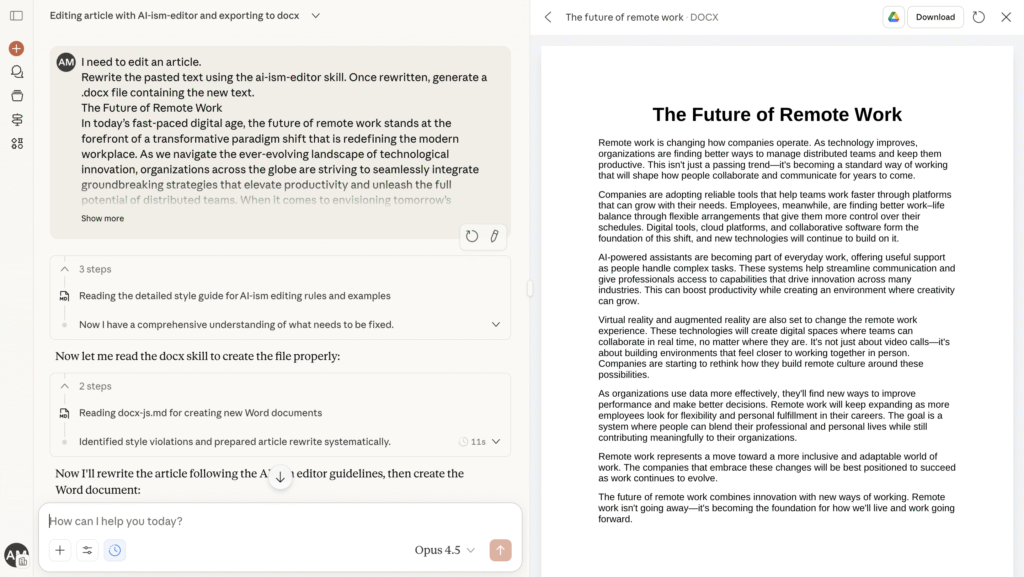 Chatea con la habilidad ai-ism-editor para reescribir texto y generar un archivo DOCX.