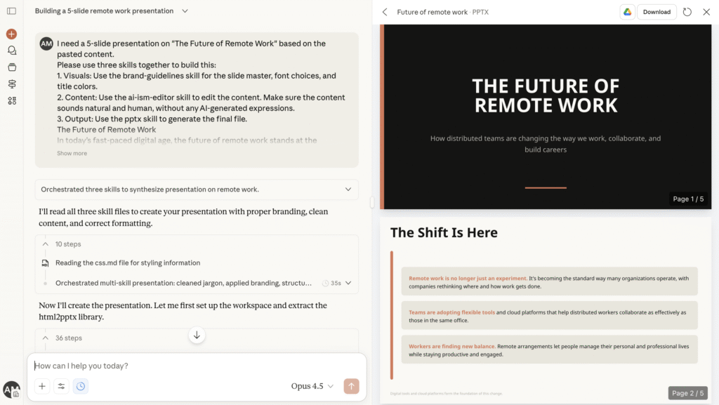 Chatea usando tres habilidades para generar una presentaci&oacute;n de cinco diapositivas sobre trabajo remoto.