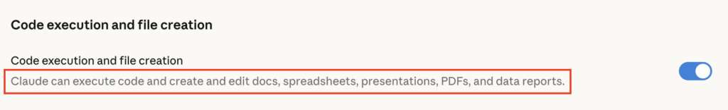 Configuraci&oacute;n de Claude con la ejecuci&oacute;n de c&oacute;digo activada para la creaci&oacute;n de documentos