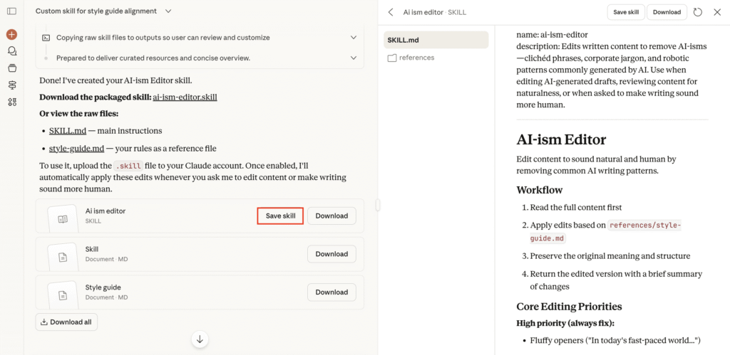 Chat donde Claude genera la habilidad ai-ism-editor a partir de las reglas del usuario