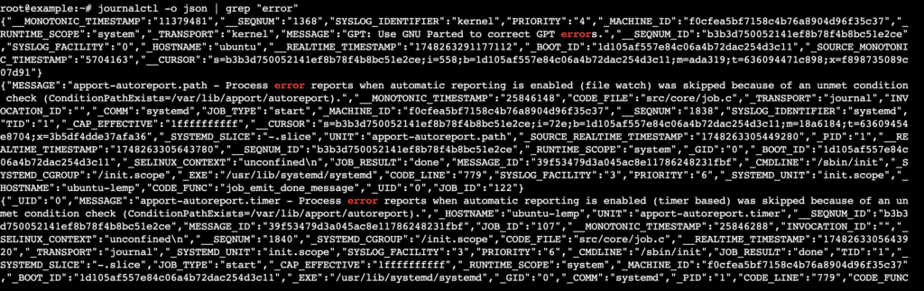 Una salida de terminal muestra registros en JSON con entradas que contienen la palabra 