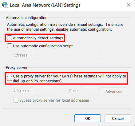 La configuración de red de área local (LAN) en Windows.