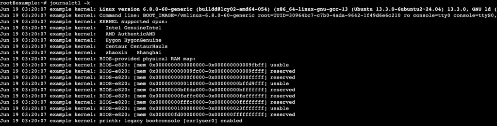 La salida de la terminal muestra registros del kernel.
