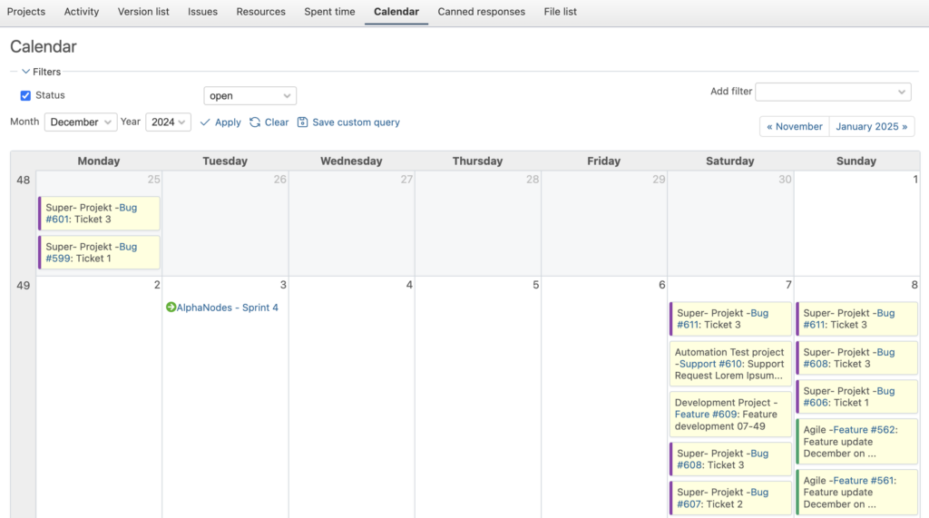 Vista de calendario en Redmine