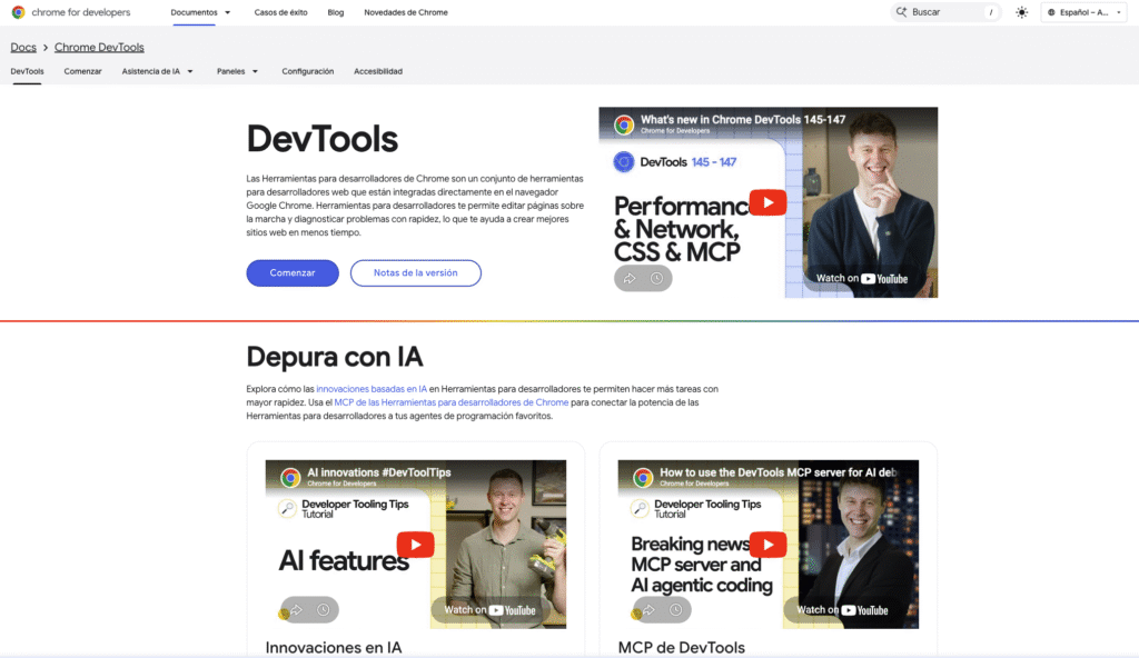 P&aacute;gina de documentaci&oacute;n de Chrome DevTools