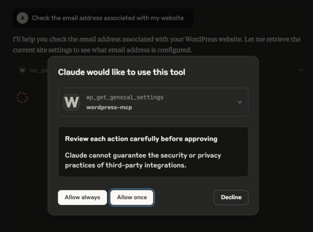 Claude pide permiso para modificar un sitio web de WordPress.