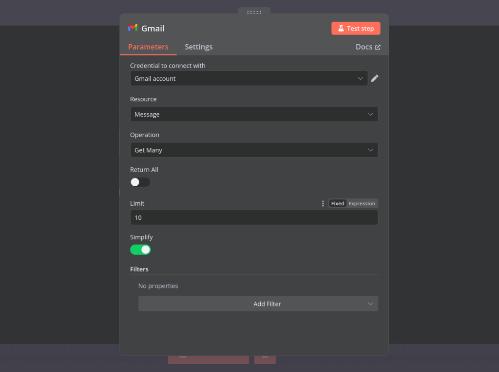 Mensaje de integraci&oacute;n de Gmail en n8n que muestra las opciones de configuraci&oacute;n de la acci&oacute;n