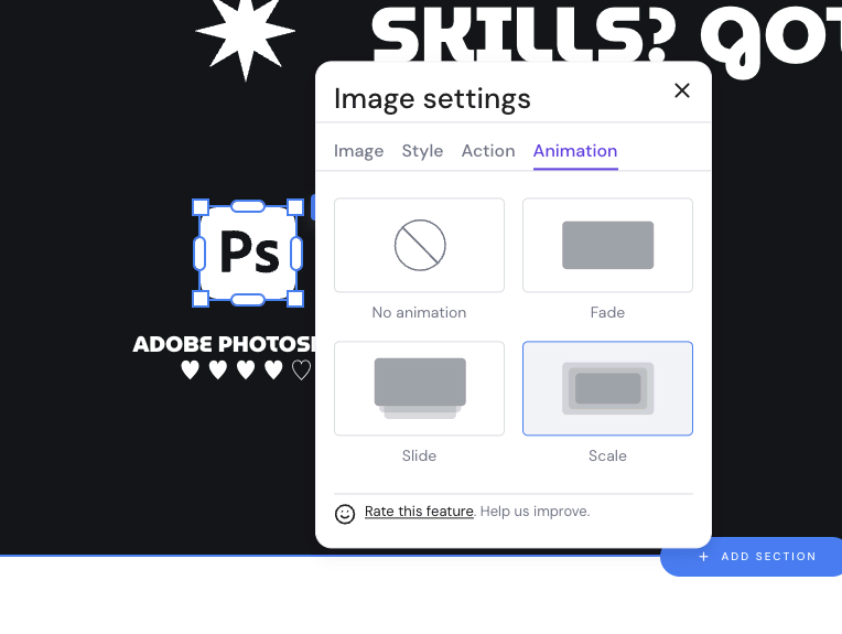 Interfaz de edición de imágenes del Creador de páginas web de Hostinger
