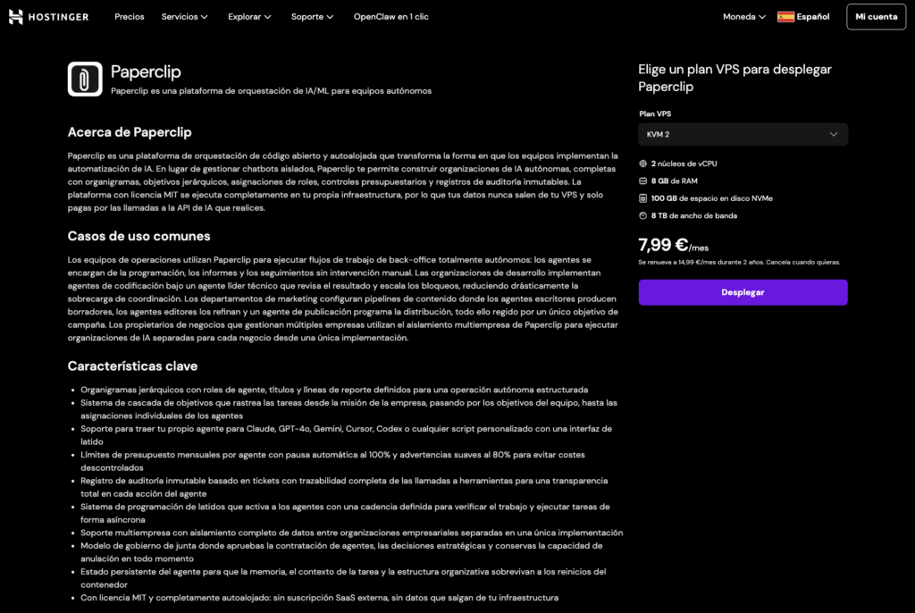 Paperclip en el cat&aacute;logo de apps de Hostinger