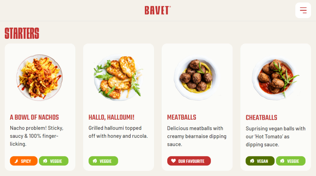 Bavet incluye «senses» en las descripciones de los elementos del menú.