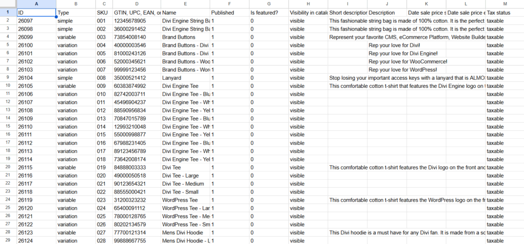Un archivo de exportación de muestra del exportador nativo de WooCommerce para mostrar cómo exportar productos de WooCommerce