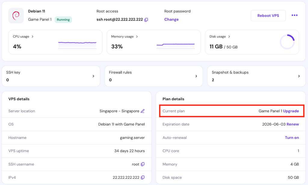 El bot&oacute;n Upgrade en la p&aacute;gina de resumen del VPS de hPanel